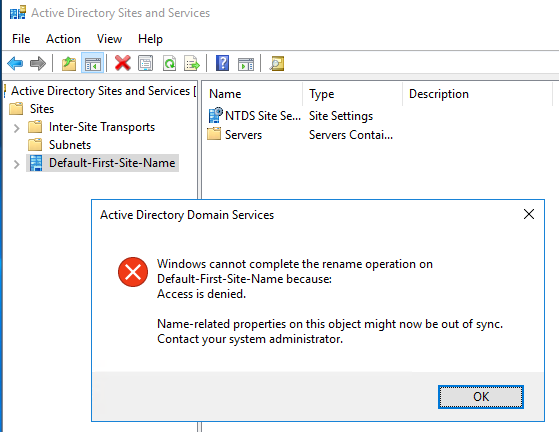 the active directory domain services object could not be displayed